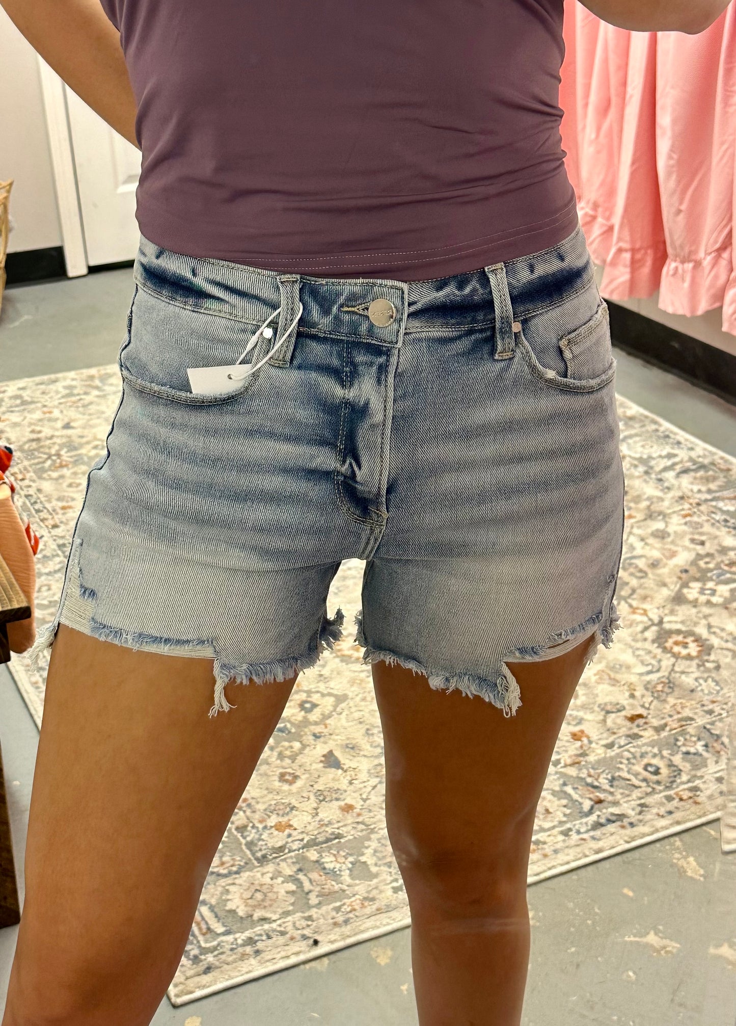 RISEN light wash distressed shorts