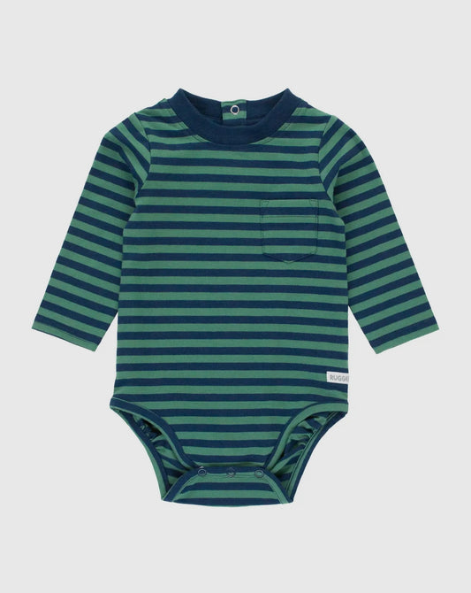 Baby Boys Fir Green & Navy Stripe Crew Neck Pocket Bodysuit