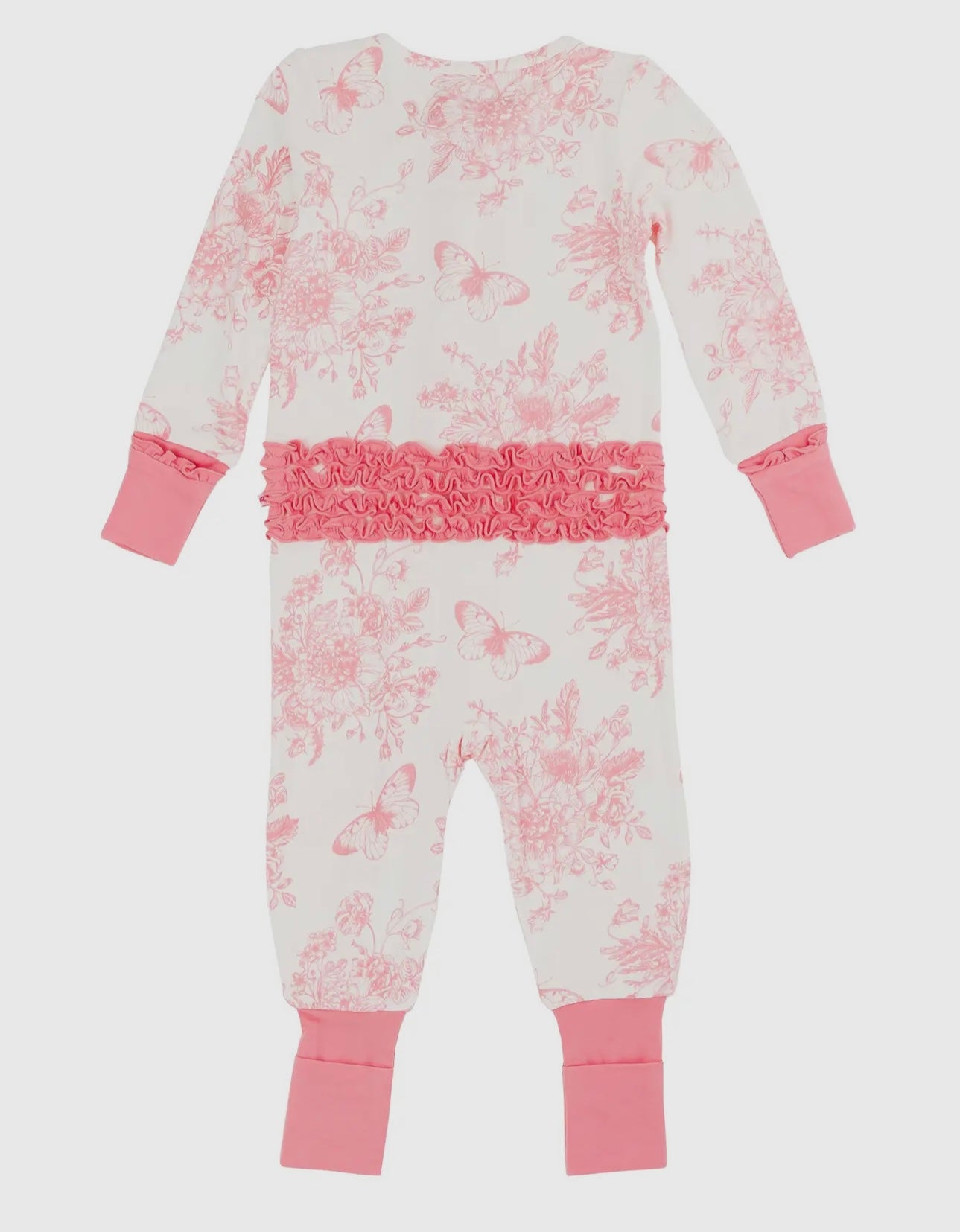 Baby Girls Pink Butterfly Garden Toile Bamboo Convertible Ruffle One Piece Pajama