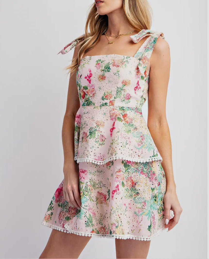 Eyelet floral tiered mini dress