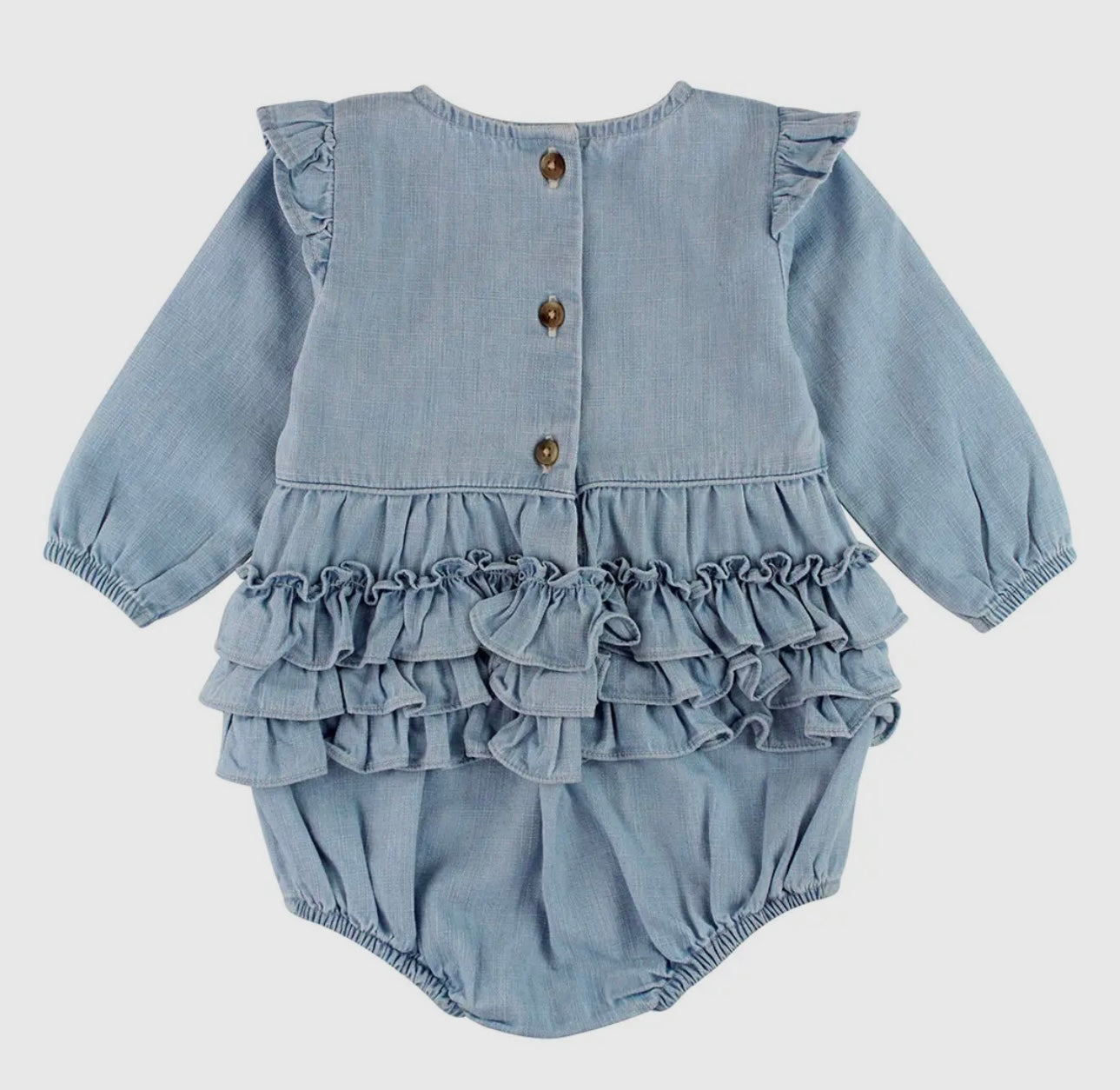Baby Girls Light Wash Denim Long Sleeve Flutter Bubble Romper