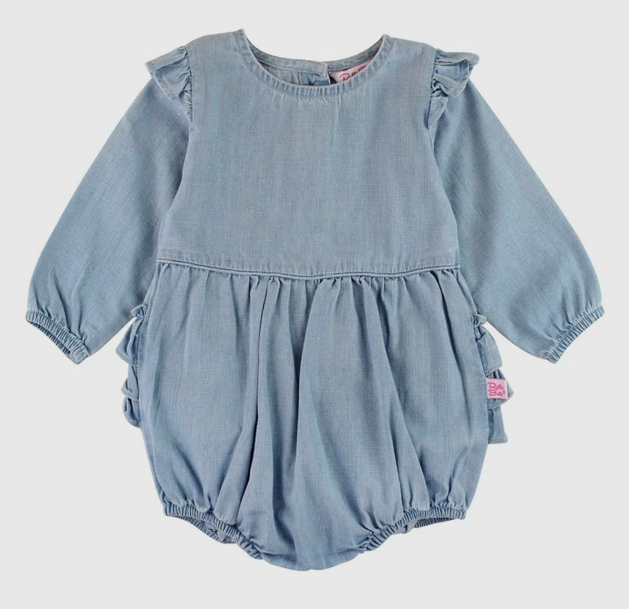 Baby Girls Light Wash Denim Long Sleeve Flutter Bubble Romper