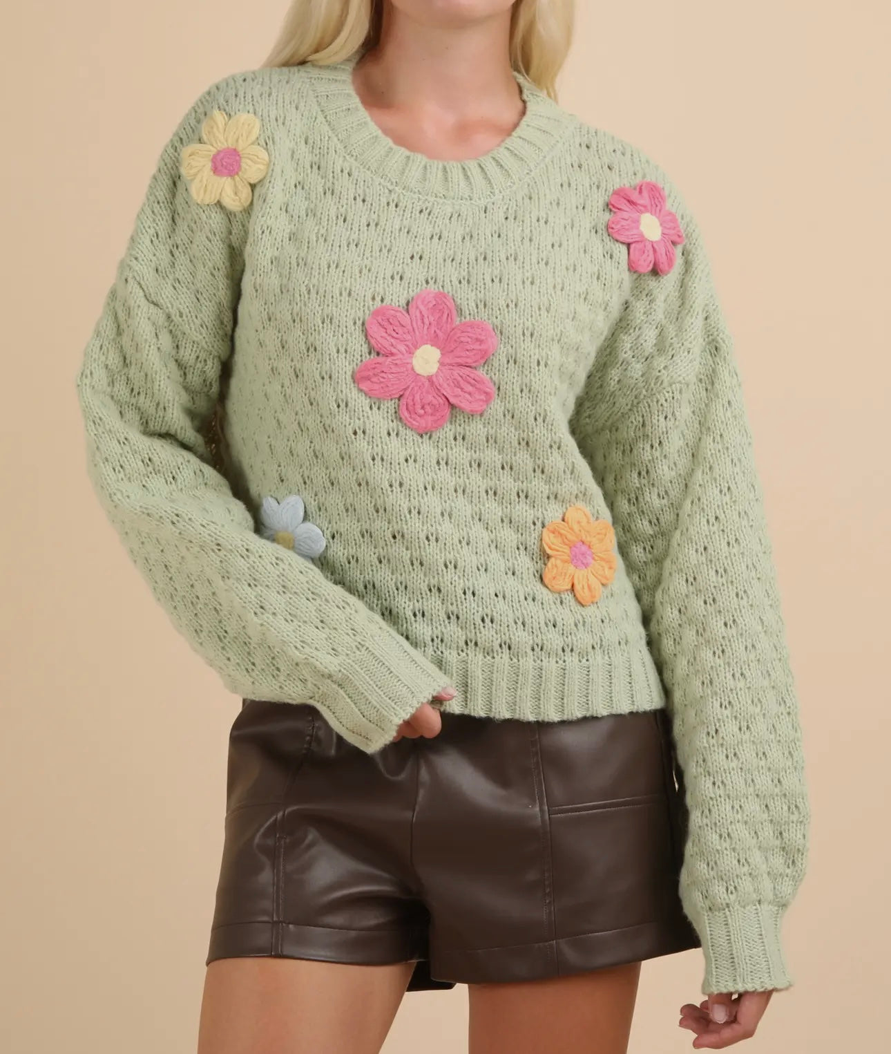 Flower Appliqué Knit Sweater