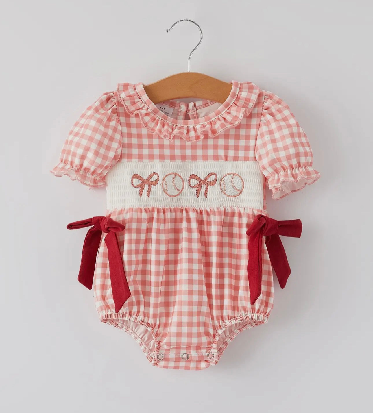 Girls Baseball Bow Smocked Romper
