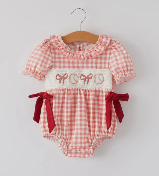 Girls Baseball Bow Smocked Romper