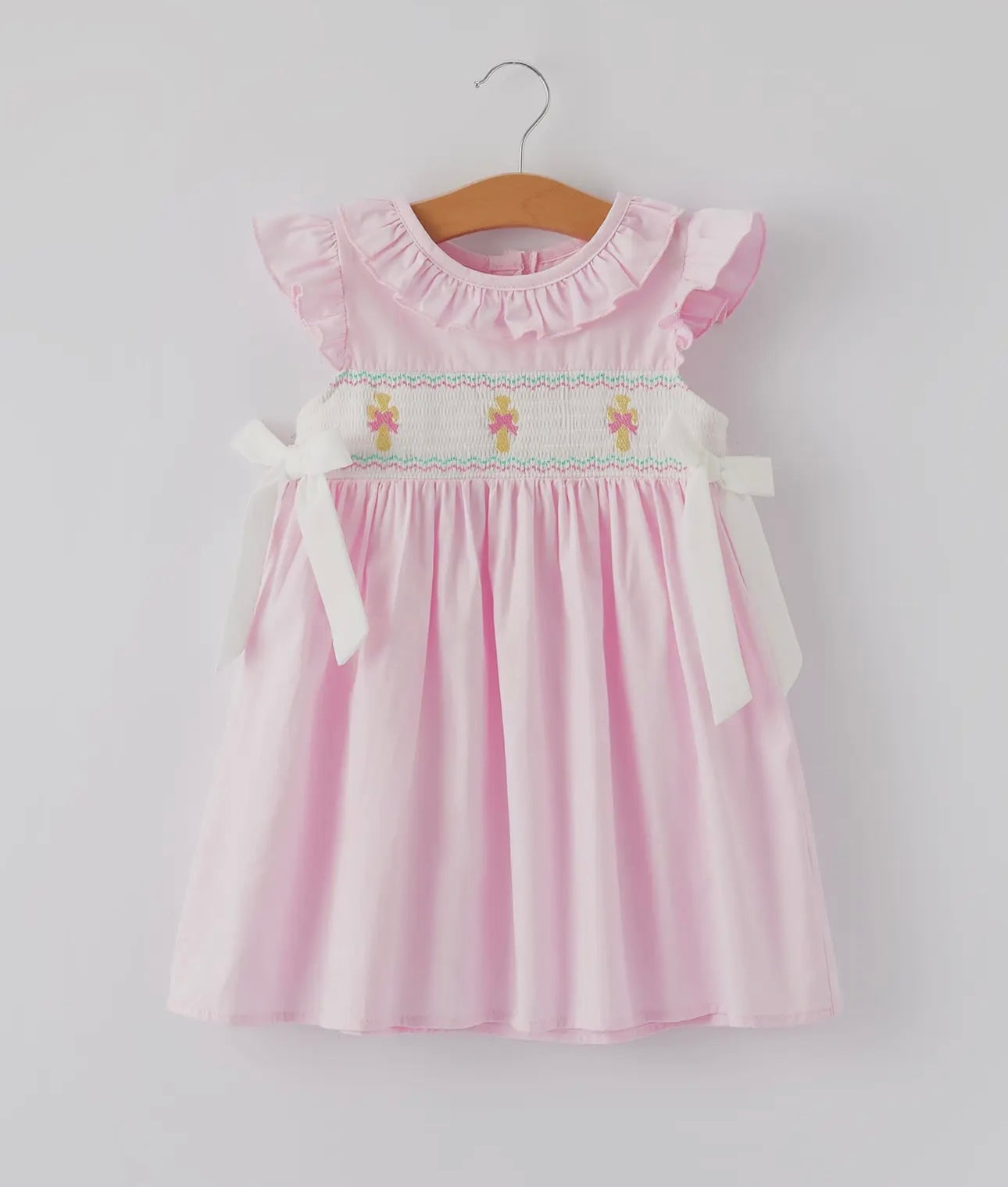 Smocked Easter girls ruffle pink romper or dress