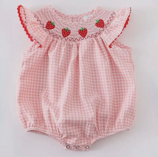 Girls Strawberry Smocked Romper