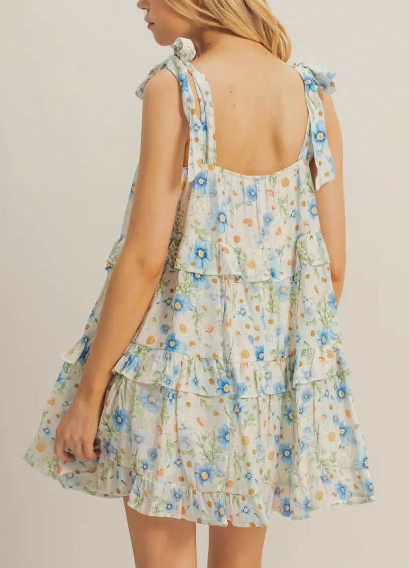 Blue floral ruffle mini dress