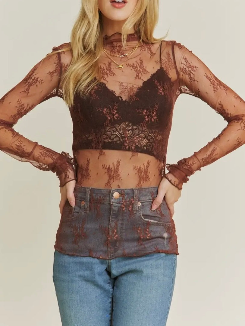 Mesh Floral Lace Long Sleeve Top