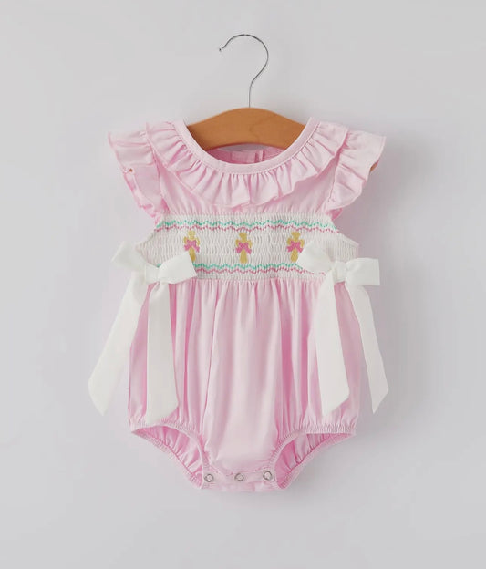 Smocked Easter girls ruffle pink romper or dress