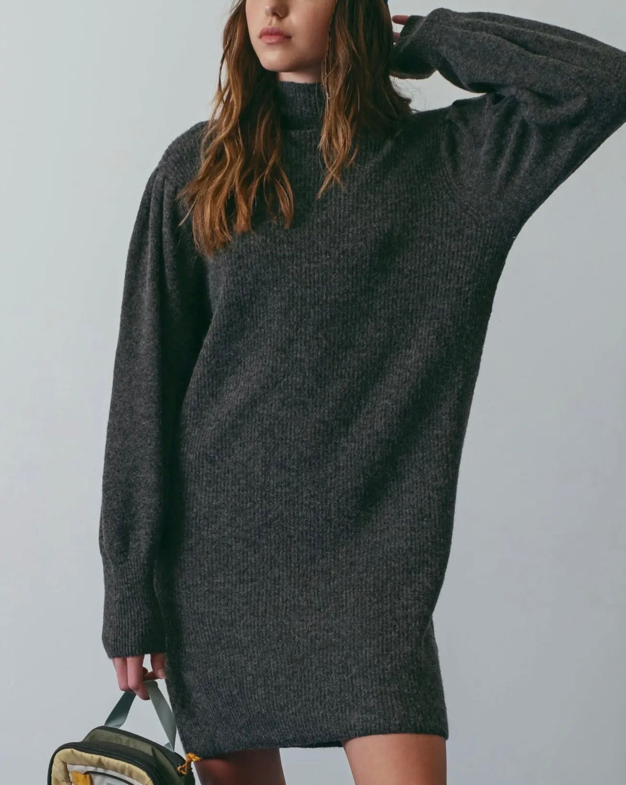 Mock Neck Puff Sleeve Sweater Dress
