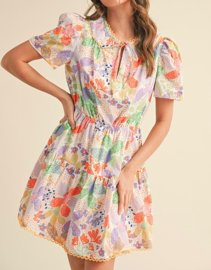 Ivory multi floral lace edge dress