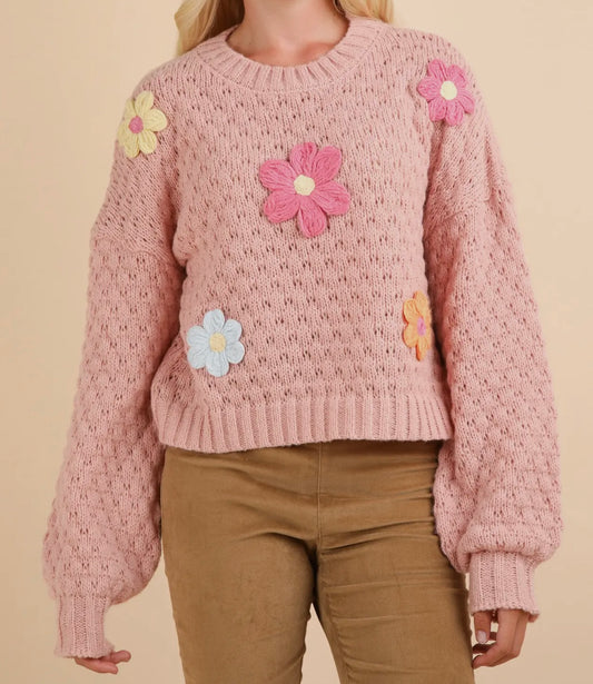 Flower Appliqué Knit Sweater