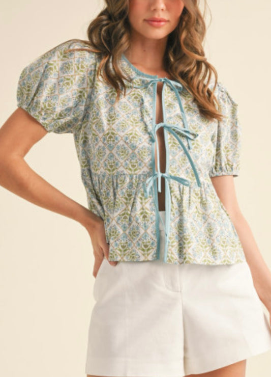Teal Front Tie Top