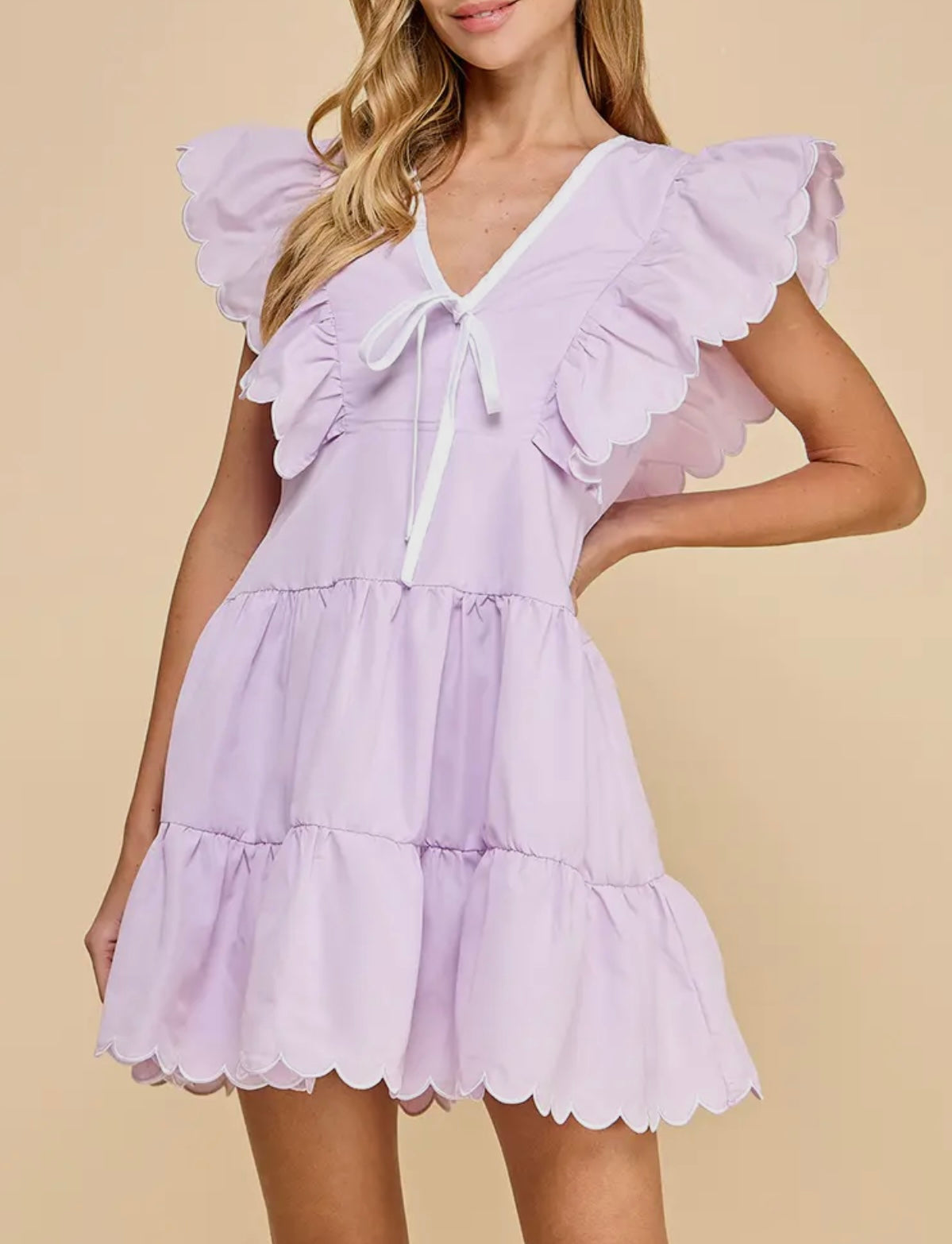Neckline Bow Detail Scalloped Dress