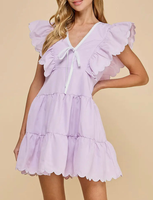 Neckline Bow Detail Scalloped Dress