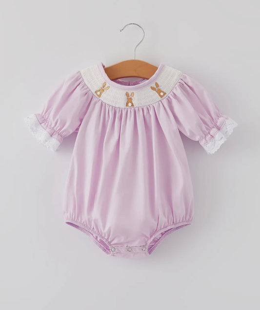 Girls Easter Bunny Purple Smocked Romper or dress