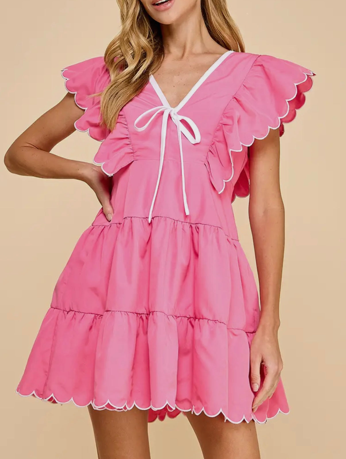 Neckline Bow Detail Scalloped Dress