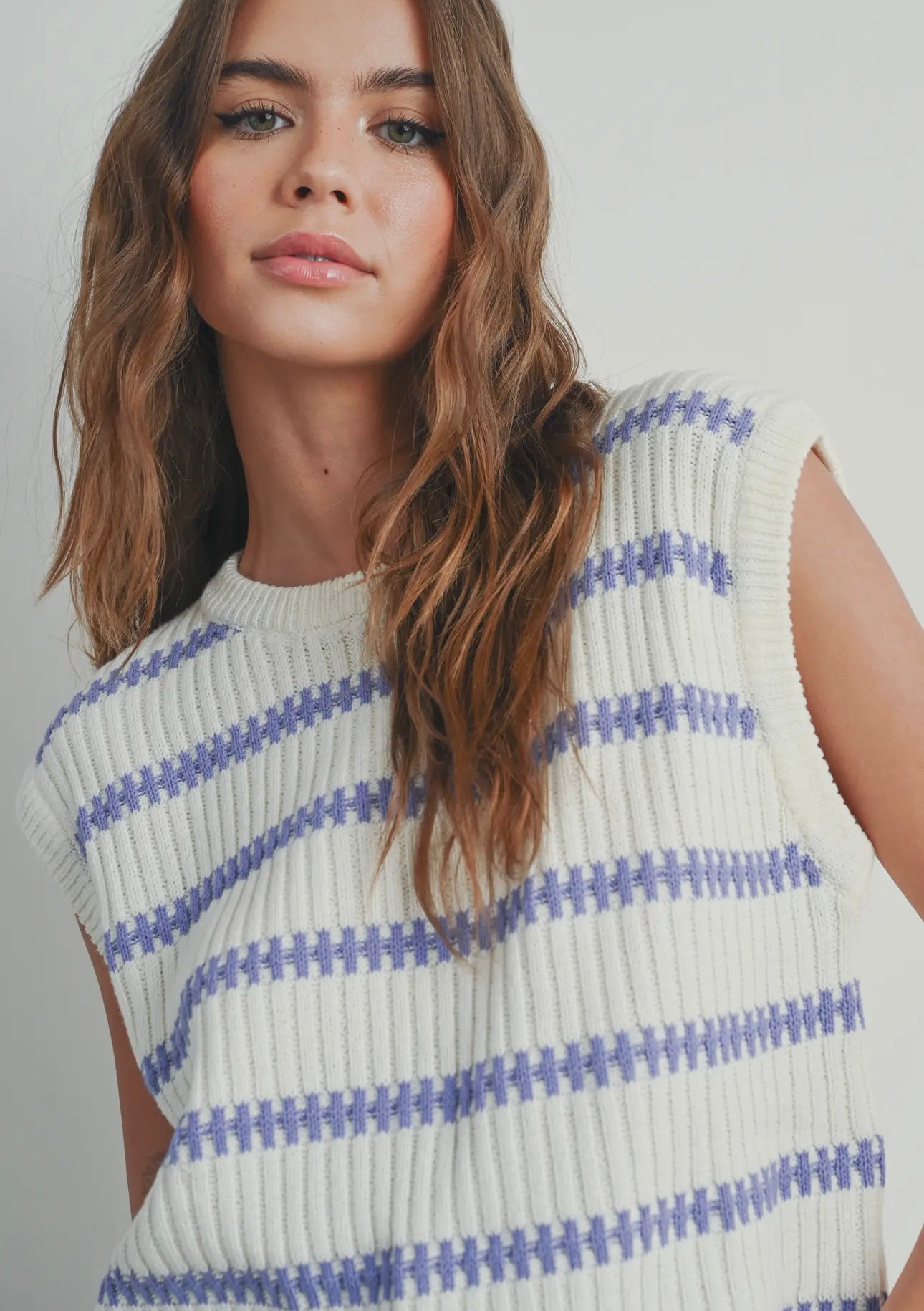 Crew Neck Striped Knit Tank Top