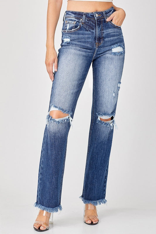 Risen high rise distressed knee straight jeans