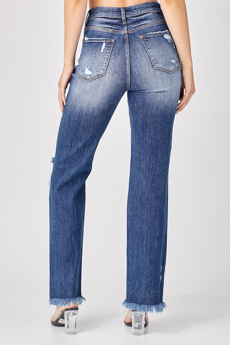 Risen high rise distressed knee straight jeans