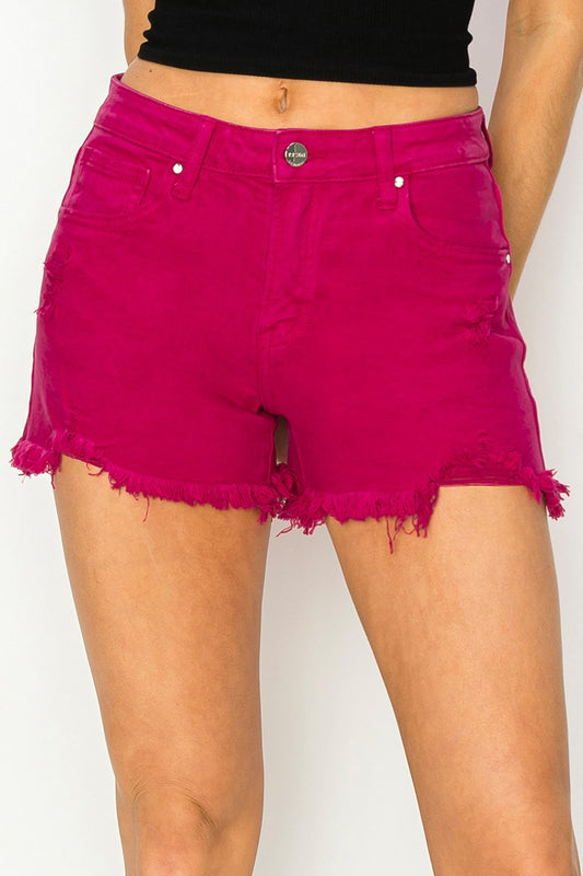 RISEN Fuchsia Frayed Hem Shorts