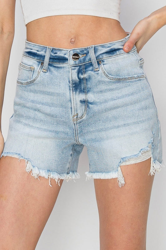 RISEN light wash distressed shorts