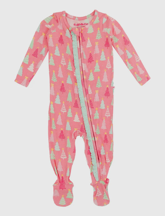 Baby Girls Merry Pink Pines Bamboo Footed Ruffle One Piece Pajama