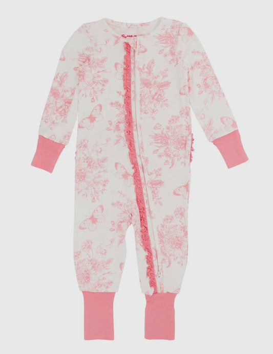 Baby Girls Pink Butterfly Garden Toile Bamboo Convertible Ruffle One Piece Pajama