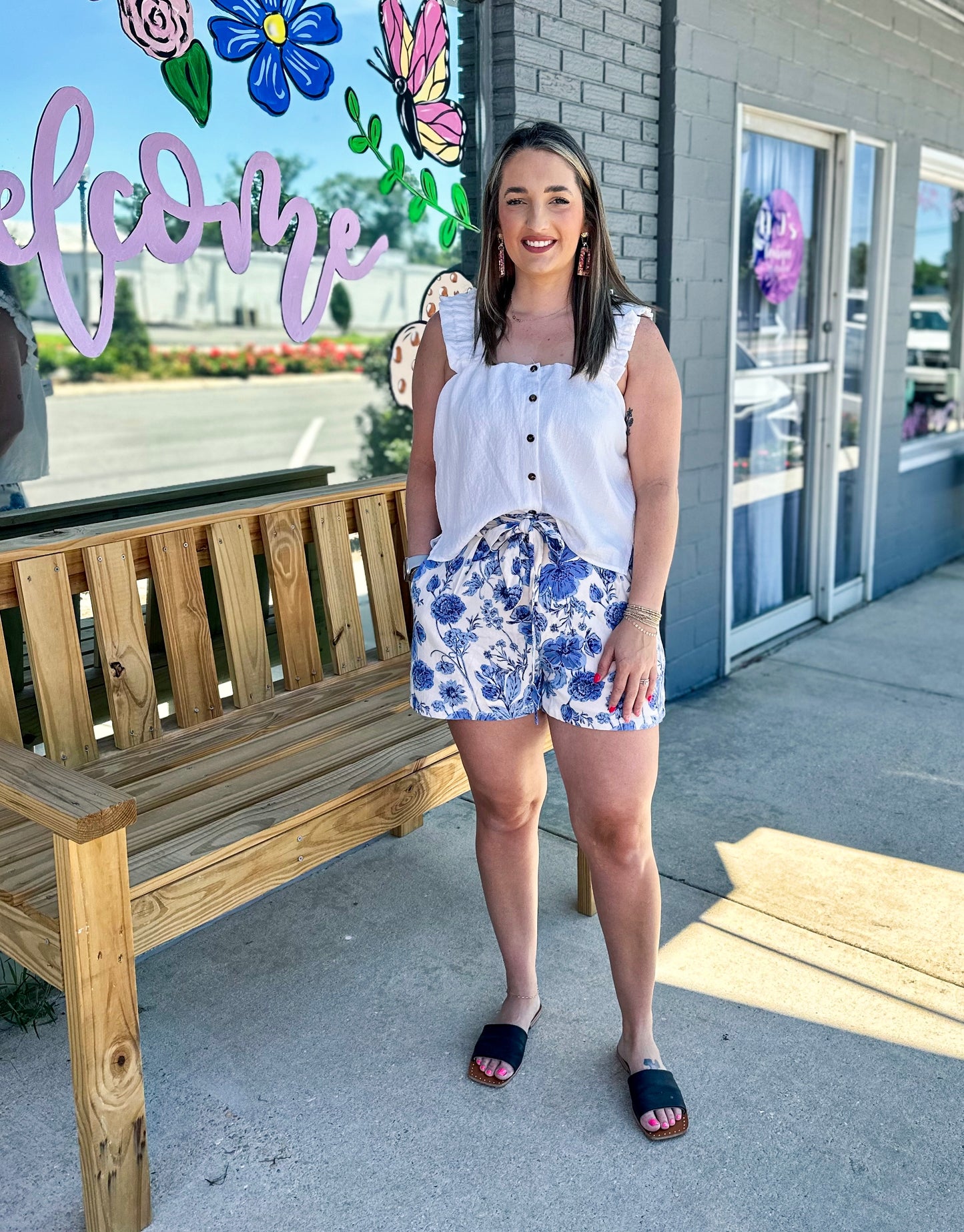 Blue Floral Print Linen Shorts