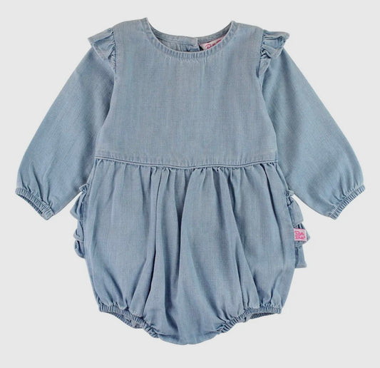 Baby Girls Light Wash Denim Long Sleeve Flutter Bubble Romper