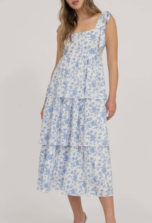 Blue floral tie strap midi dress