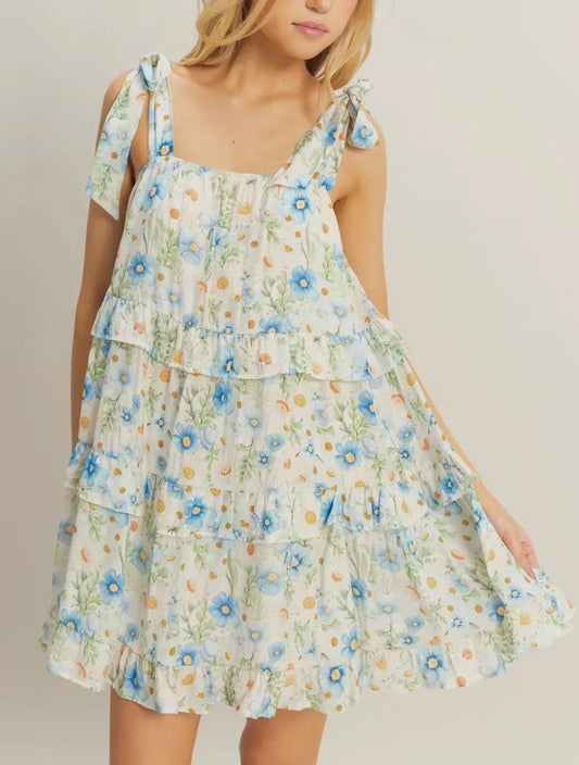 Blue floral ruffle mini dress