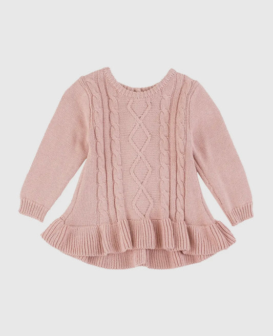 Girls Pink Ruffle Hem Cable Knit Sweater