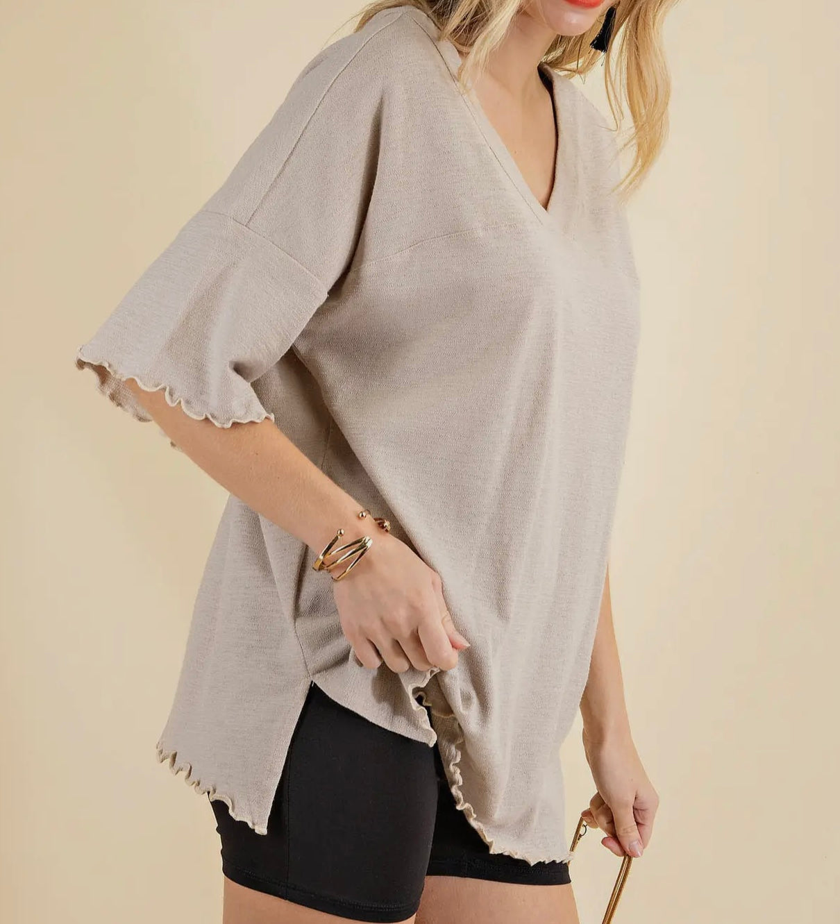 Textured V-Neck Taupe Top