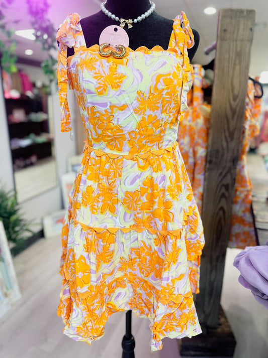 Orange scallop trim mini dress
